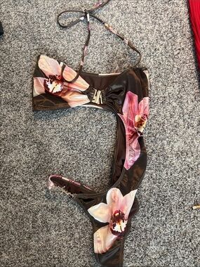 Alain Brown One-Shoulder Floral One-Piece with Pink Orchids